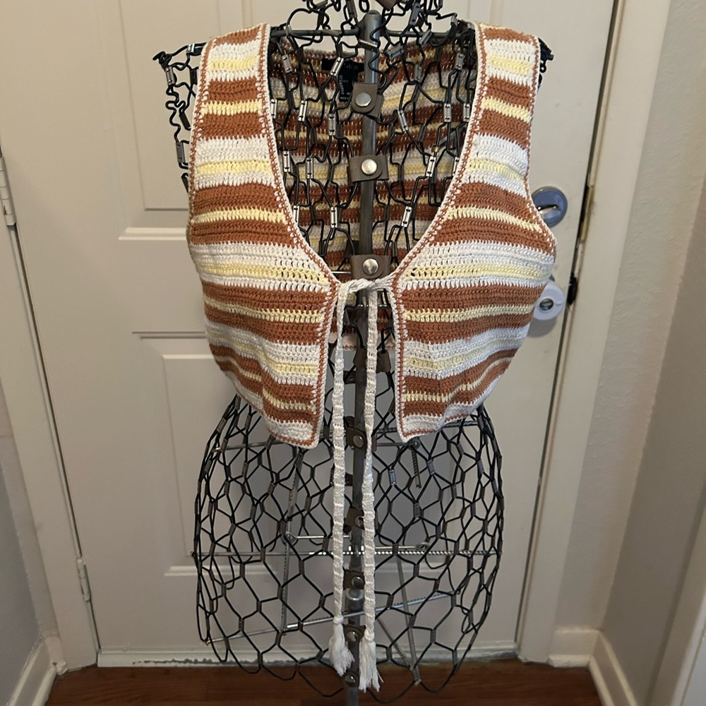 Forever 21 Striped Crochet Vest with Tie Front